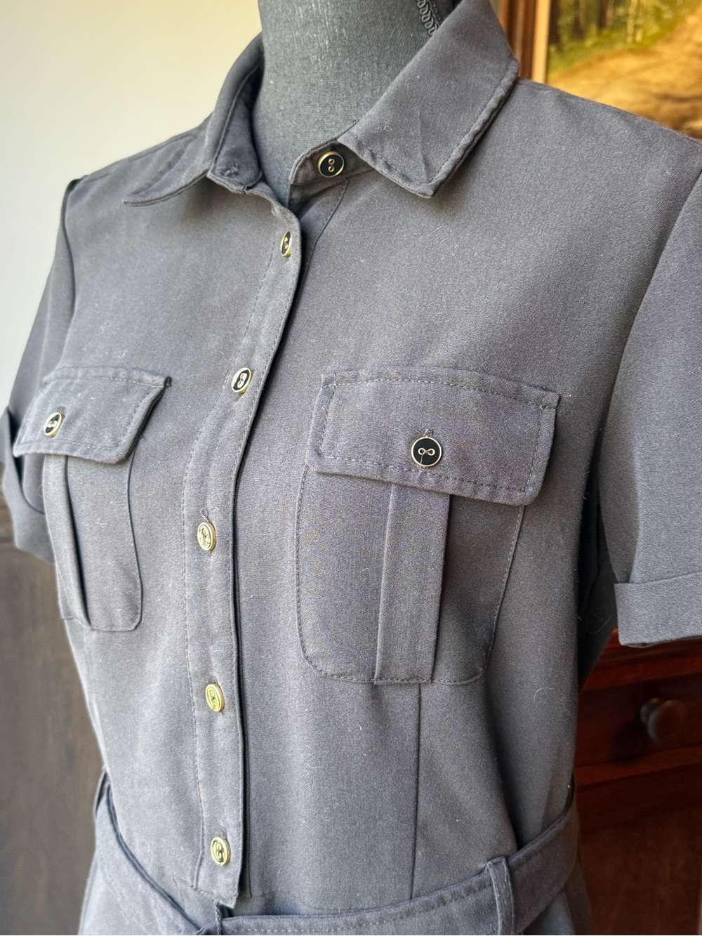 Zac & Rachel Button-Front Black Utility Shirt Dress with Belt 10 - Picture 5 of 8